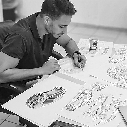 Portrait of Tamir Mizrahi with automotive sketch